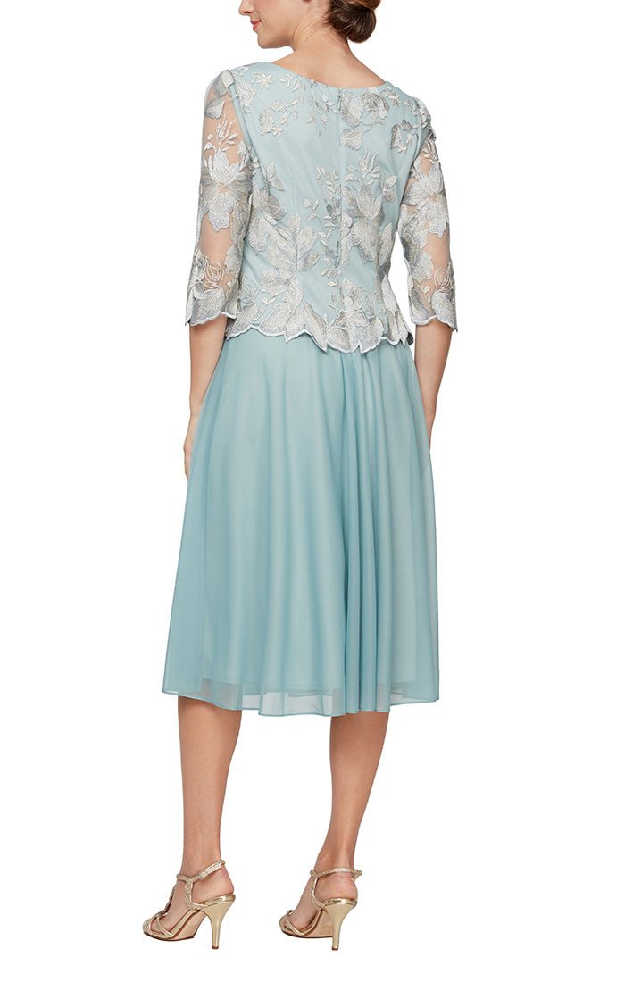 Petite Tea-Length Embroidered Dress with Illusion Sleeves, Scallop Detail and Full Skirt - alexevenings.com