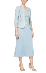 Petite - Tea-Length Jacket Dress with Corded Detail Bodice/Jacket and Godet Detail Skirt - alexevenings.com