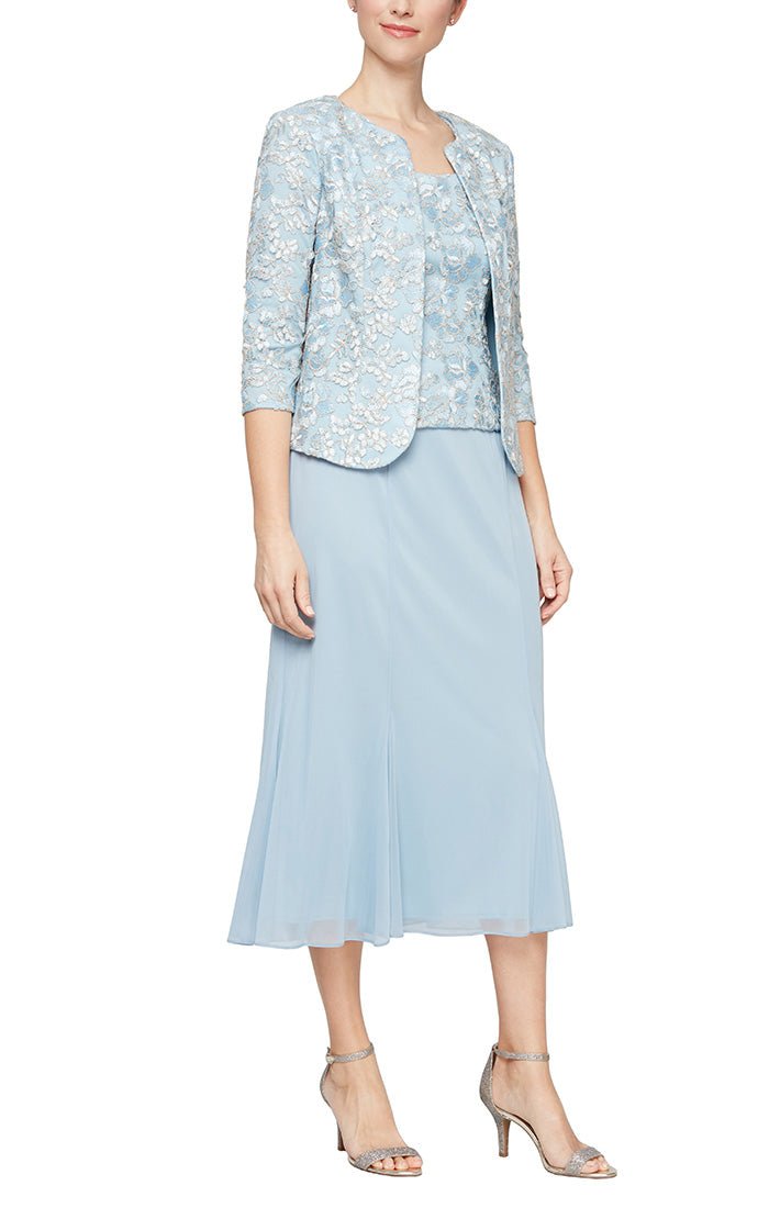 Petite - Tea-Length Jacket Dress with Corded Detail Bodice/Jacket and Godet Detail Skirt - alexevenings.com