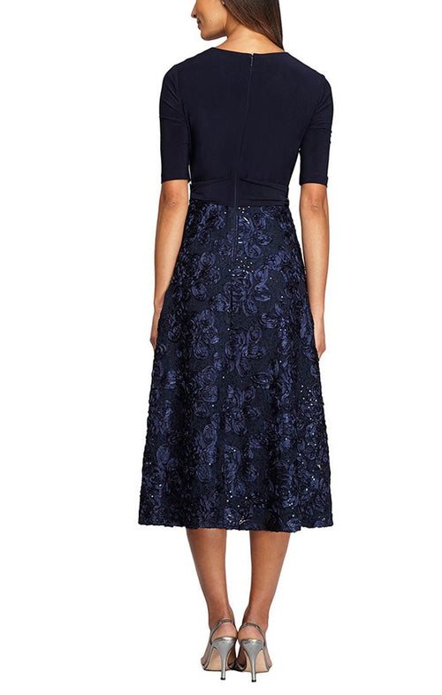 Petite Tea-Length Lace & Jersey Cocktail Dress with Full Rosette Lace Skirt and Tie Belt - alexevenings.com