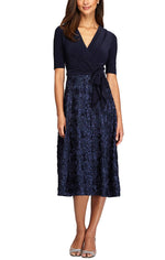 Petite Tea-Length Lace & Jersey Cocktail Dress with Full Rosette Lace Skirt and Tie Belt - alexevenings.com