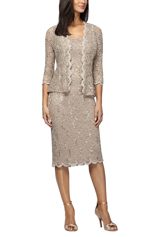 Petite - Tea-Length Sheath Lace Dress with Sheer Lace Jacket with Sequin Detail - alexevenings.com