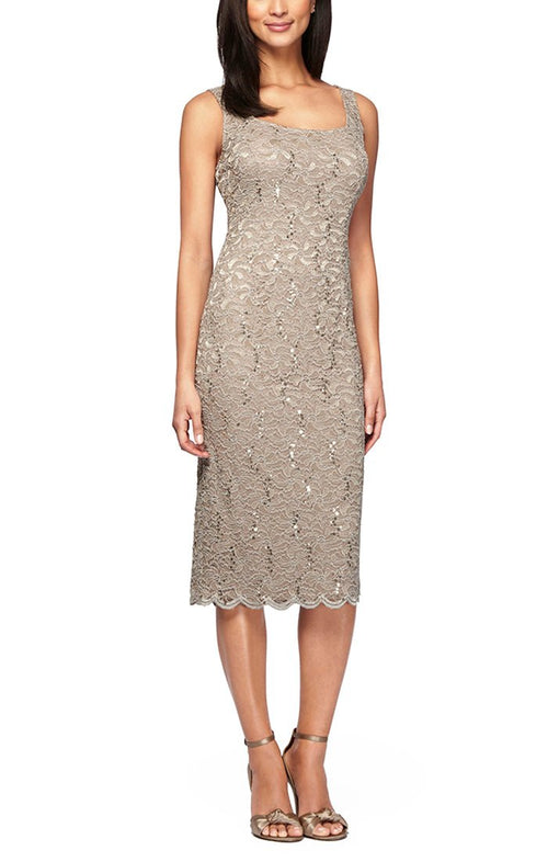 Petite - Tea-Length Sheath Lace Dress with Sheer Lace Jacket with Sequin Detail - alexevenings.com