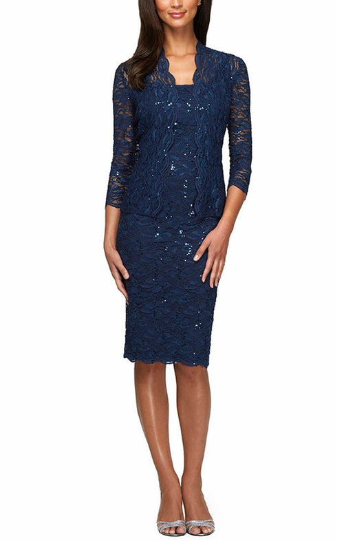 Petite Tea-Length Sheath Lace Dress with Sheer Lace Jacket with Sequin Detail - alexevenings.com