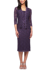 Petite Tea-Length Sheath Lace Dress with Sheer Lace Jacket with Sequin Detail - alexevenings.com