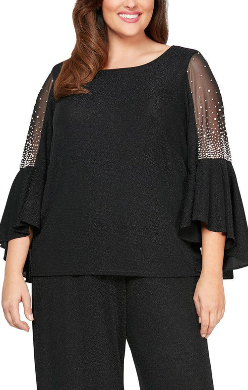 Plus 3/4 Sleeve Blouse With Beaded Illusion Detail and Cascade Bell Sleeves - alexevenings.com