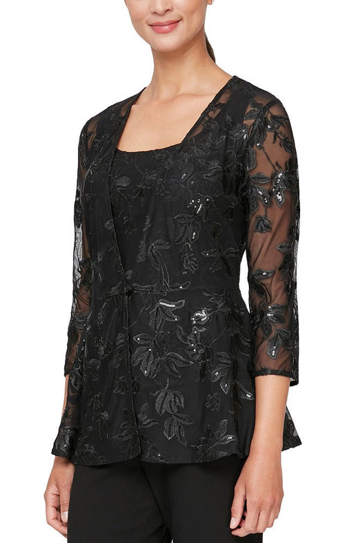 Plus 3/4 Sleeve Embroidered Twinset With Elongated Button Front Jacket and Scoop Neck Tank - alexevenings.com