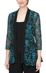 Plus 3/4 Sleeve Embroidered Twinset with Elongated Open Jacket and Solid Scoop Neck Tank - alexevenings.com