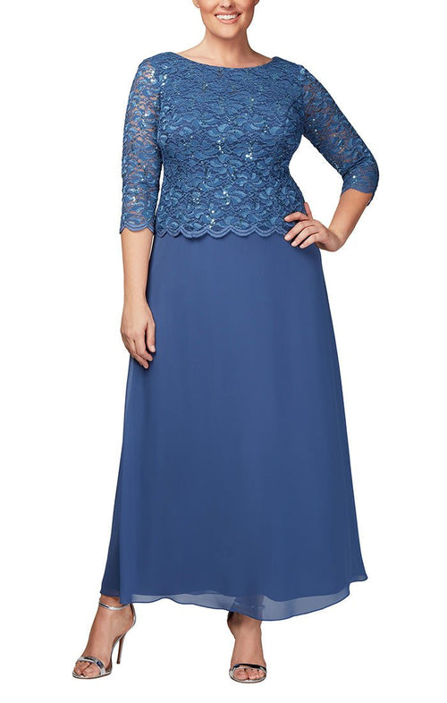 Plus 3/4 Sleeve Lace and Chiffon Gown with Scalloped Lace Detail - alexevenings.com
