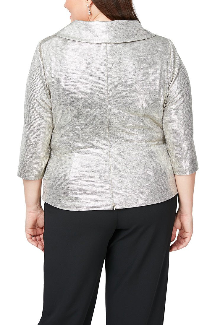 Plus 3/4 Sleeve Metallic Knit Blouse with Tie Belt - alexevenings.com