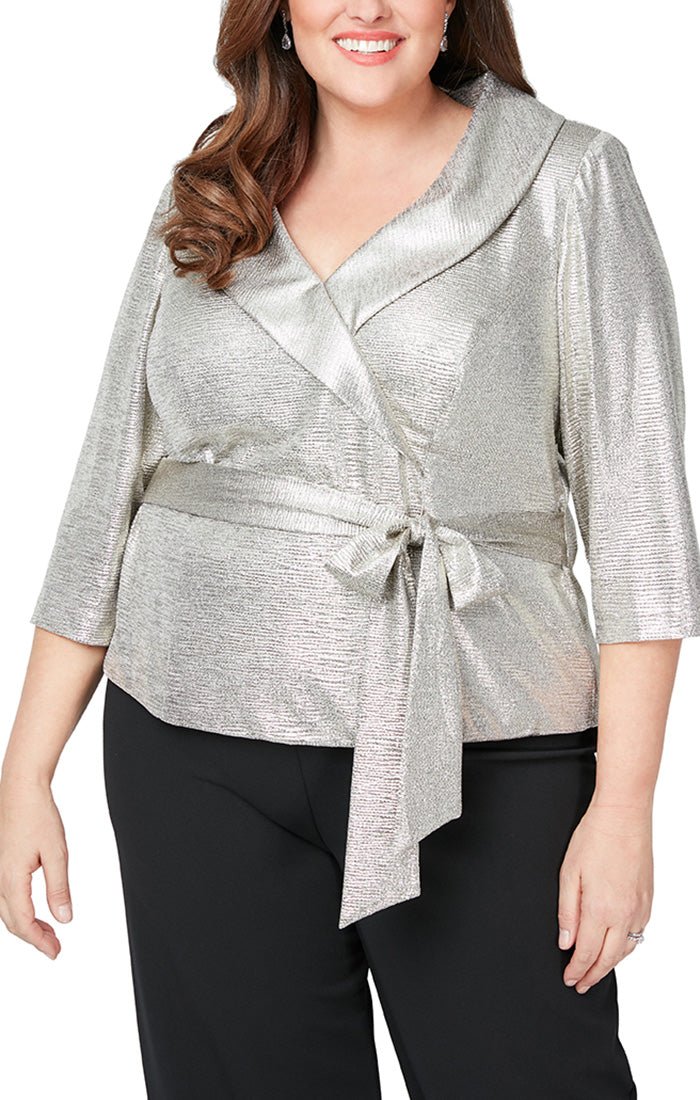 Plus 3/4 Sleeve Metallic Knit Blouse with Tie Belt - alexevenings.com