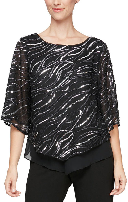 Plus 3/4 Sleeve Popover Sequin & Chiffon Blouse with Pointed Double Tier Hem - alexevenings.com