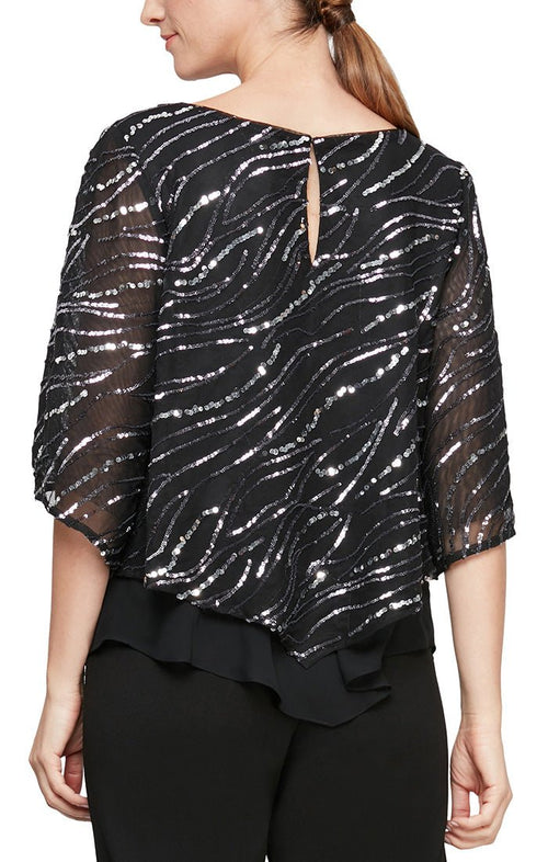 Plus 3/4 Sleeve Popover Sequin & Chiffon Blouse with Pointed Double Tier Hem - alexevenings.com