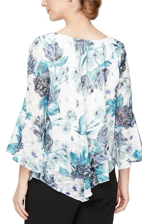 Plus 3/4 Sleeve Printed Blouse With Asymmetric Double Tier Hem and Bell Sleeves - alexevenings.com