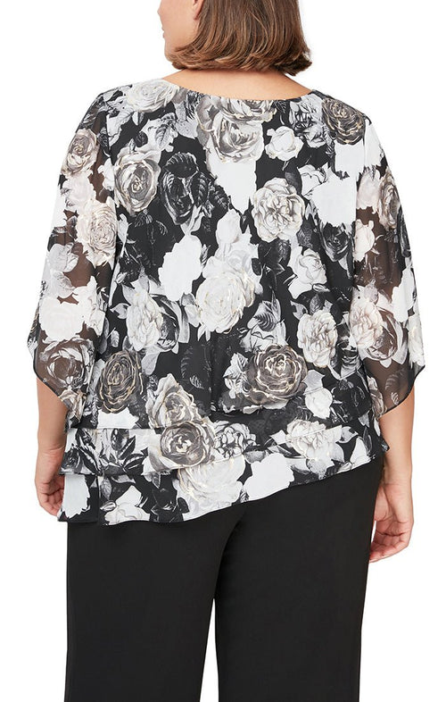 Plus 3/4 Sleeve Printed Blouse with Asymmetric Triple Tier Hem and Illusion Sleeves. - alexevenings.com