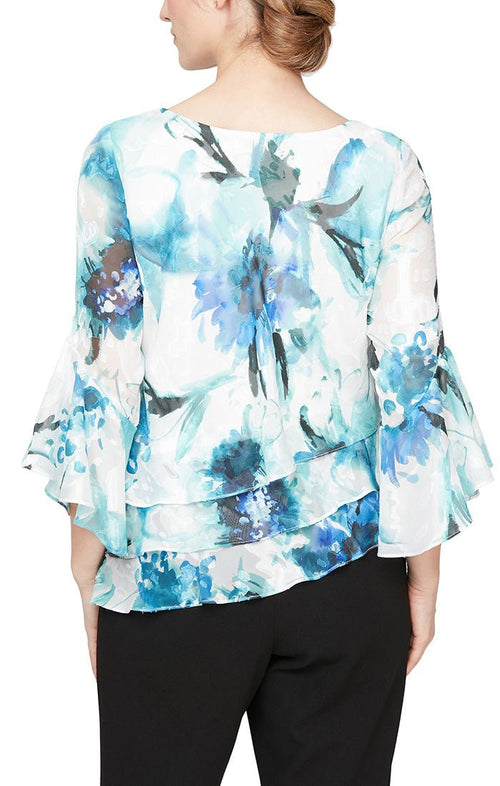Plus - 3/4 Sleeve Printed Chiffon Burnout Blouse with Bell Sleeves and Asymmetric Triple Tier Hem - alexevenings.com