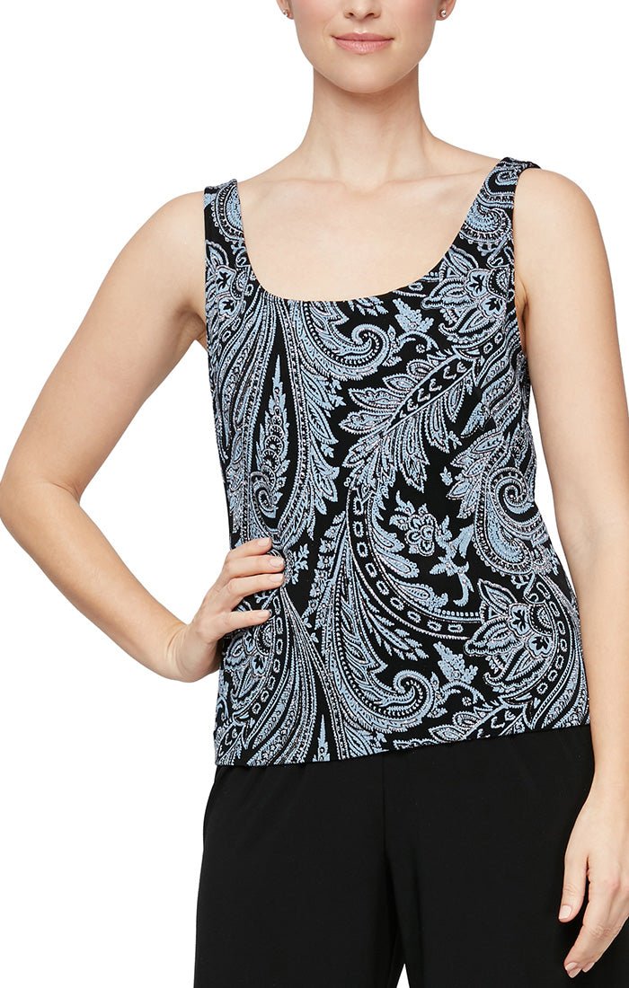 Plus 3/4 Sleeve Printed Glitter Twinset with Scoop Neck Tank - alexevenings.com