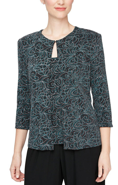 Plus 3/4 Sleeve Printed Twinset with Scoop Neck Tank and Hook Neck Jacket - alexevenings.com