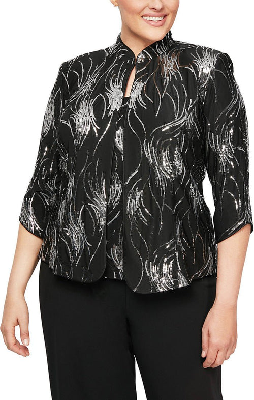 Plus 3/4 Sleeve Twinset with Mandarin Neck Jacket and Firework Sequin Detail - alexevenings.com