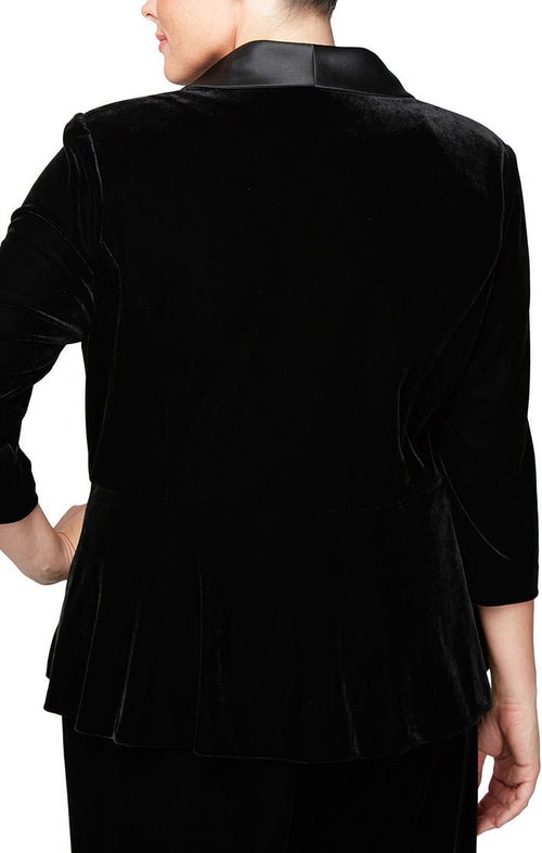 Plus 3/4 Sleeve Velvet Blouse with Side Closure, Satin Collar & Modified Peplum Waist Detail - alexevenings.com