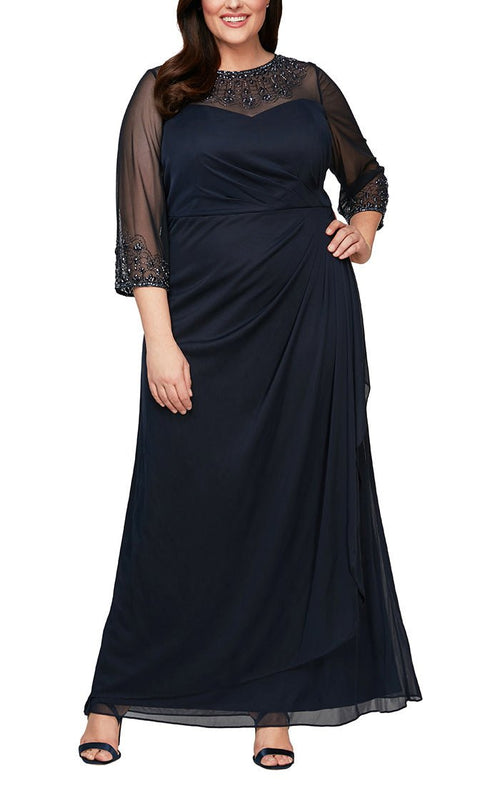 Plus A-Line Mesh Gown with Beaded Illusion Sweetheart Neckline & 3/4 Sleeves - alexevenings.com