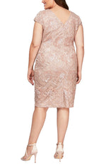 Plus Cap Sleeve Embroidered Sequin Lace Dress - alexevenings.com
