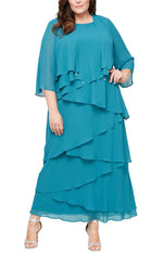 Plus Chiffon Gown with Asymmetric Tiered Tank Dress and Open Jacket with Crystal Drop Embellishment - alexevenings.com