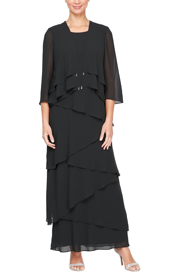 Plus Chiffon Gown with Asymmetric Tiered Tank Dress and Open Jacket with Crystal Drop Embellishment - alexevenings.com
