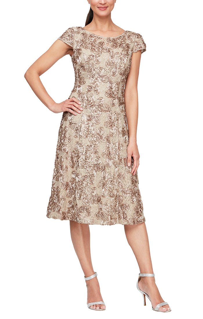 Plus Cocktail Dress in Rosette Lace with Cap Sleeves - alexevenings.com