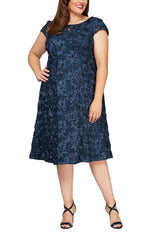 Plus Cocktail Dress in Rosette Lace with Cap Sleeves - alexevenings.com