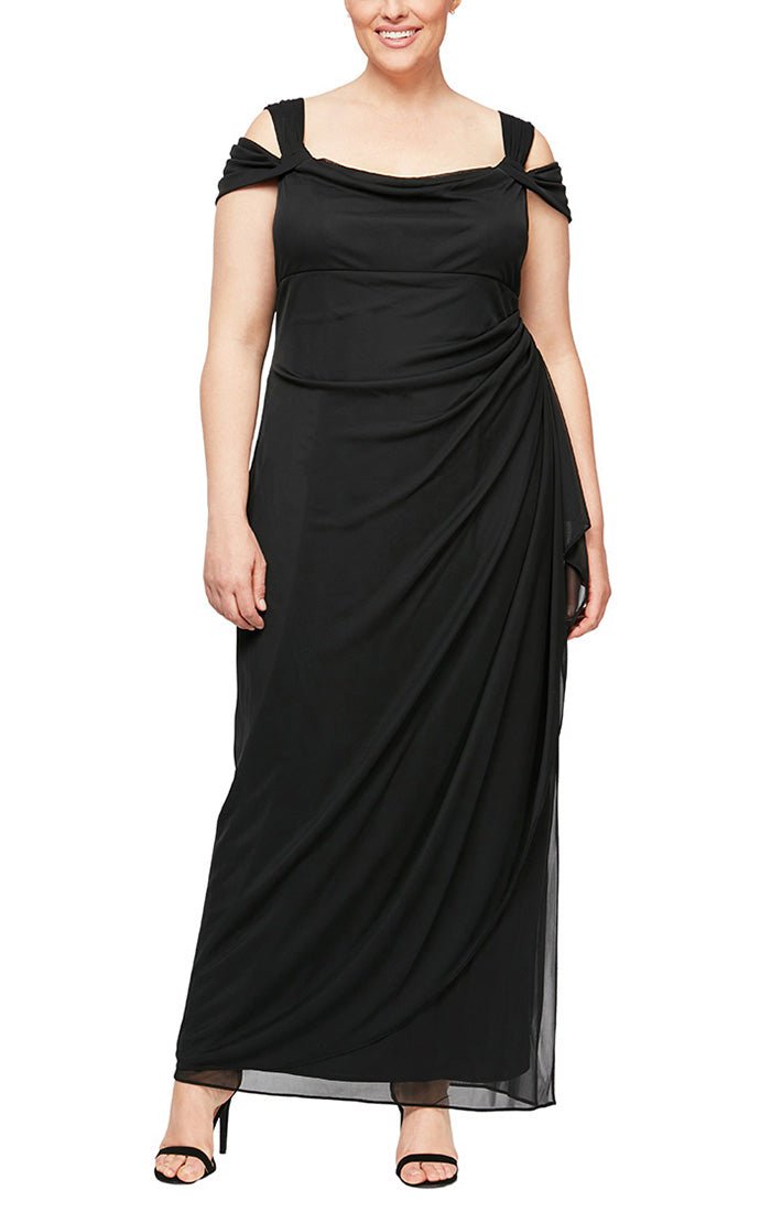 Plus Cold Shoulder Mesh Gown with Cowl Neckline & Overlay Skirt - alexevenings.com