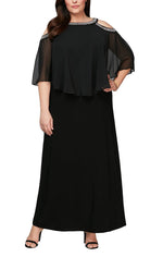 Plus Cold Shoulder Popover Jersey & Chiffon Gown with Beaded Neckline - alexevenings.com
