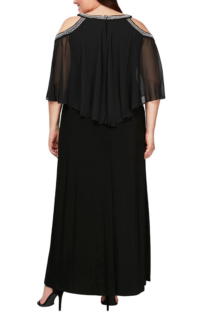 Plus Cold Shoulder Popover Jersey & Chiffon Gown with Beaded Neckline - alexevenings.com