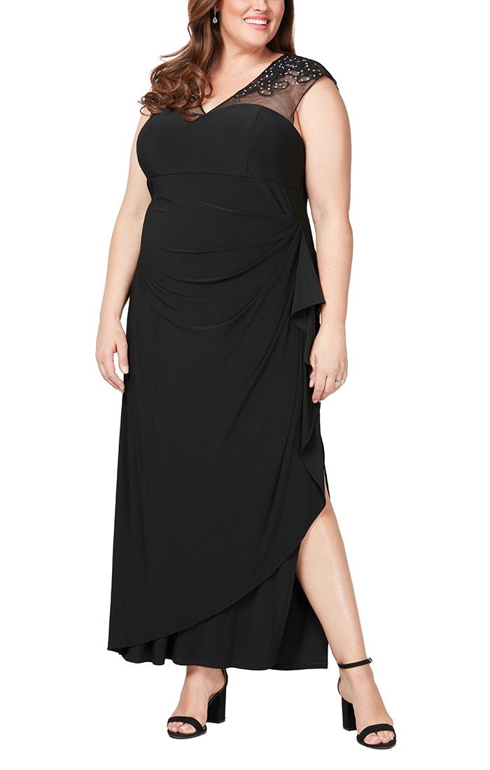 Plus - Empire Waist Dress with Embellished and Embroidered Illusion Neckline/Back Detail and Cascade Detail Skirt - alexevenings.com