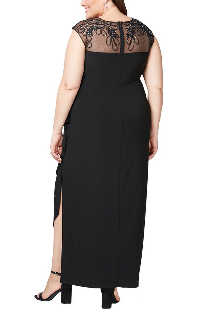 Plus - Empire Waist Dress with Embellished and Embroidered Illusion Neckline/Back Detail and Cascade Detail Skirt - alexevenings.com