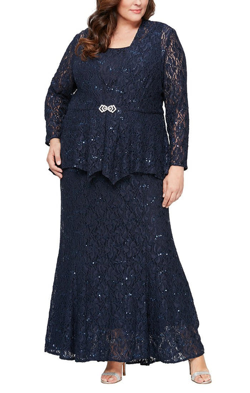 Plus Fit & Flare Lace Gown with Cascade Detail Jacket - alexevenings.com