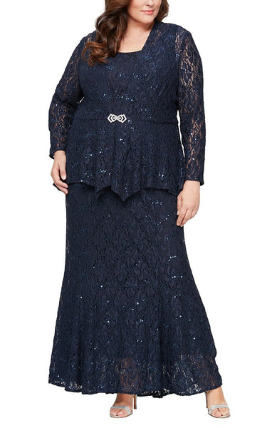 Plus Fit Flare Lace Gown with Cascade Detail Jacket