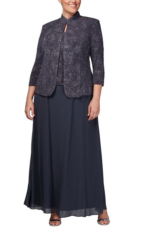 Plus Glitter Jacquard Knit Long Dress and Mandarin Jacket - alexevenings.com