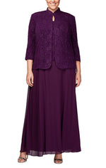 Plus Glitter Jacquard Knit Long Dress and Mandarin Jacket - alexevenings.com