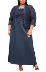 Plus Lace & Satin Gown with Sheer 3/4 Sleeve Scalloped Lace Jacket - alexevenings.com