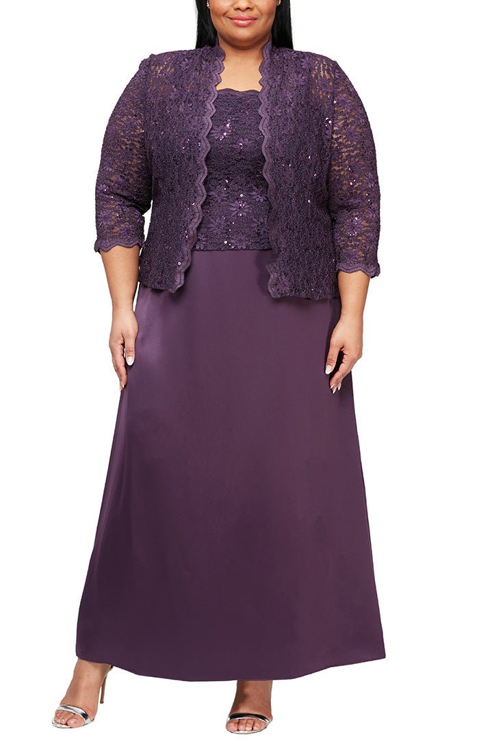 Plus Lace & Satin Gown with Sheer 3/4 Sleeve Scalloped Lace Jacket - alexevenings.com