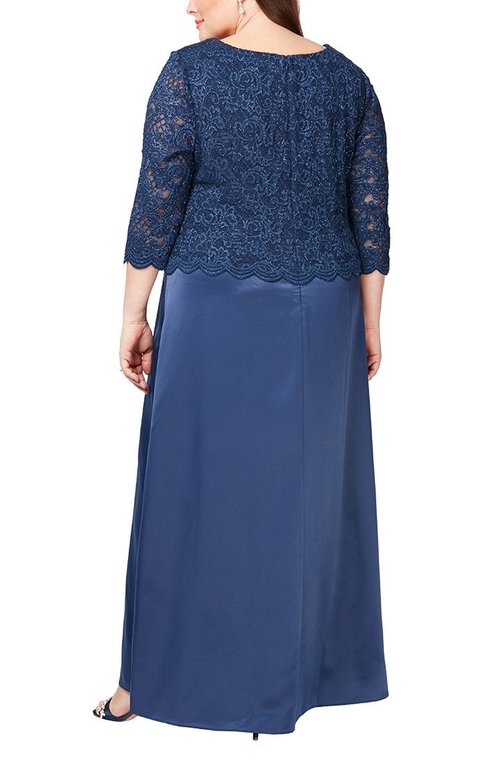 Plus - Long A-Line Dress with Scallop Detail and Illusion Sleeves - alexevenings.com