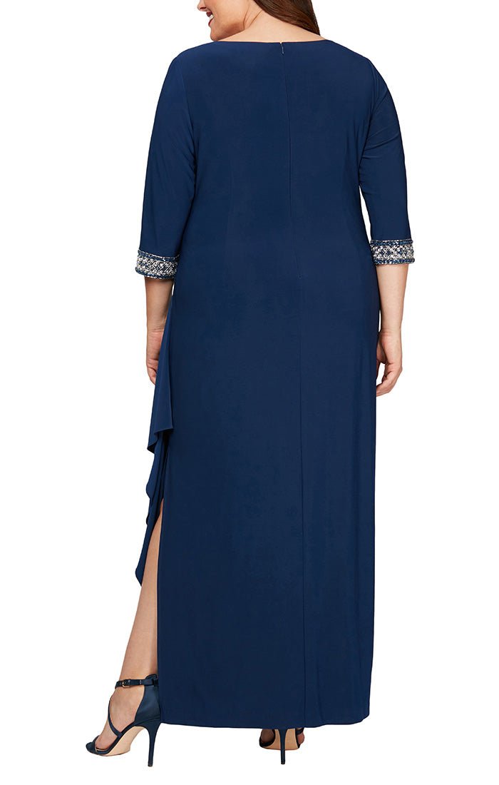 Plus Long A-Line Dress with Side Ruched Cascade Skirt, Keyhole Cutout Neckline and Embellished Sleeves/Neckline - alexevenings.com