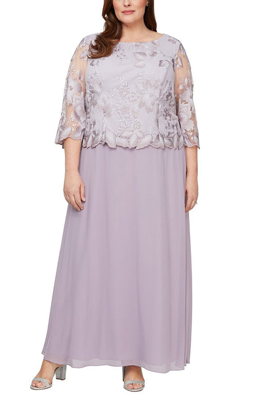 Plus - Long A-Line Embroidered Mock Dress with Scallop Detail and 3/4 Sleeves - alexevenings.com