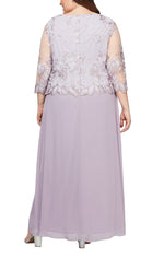 Plus - Long A-Line Embroidered Mock Dress with Scallop Detail and 3/4 Sleeves - alexevenings.com