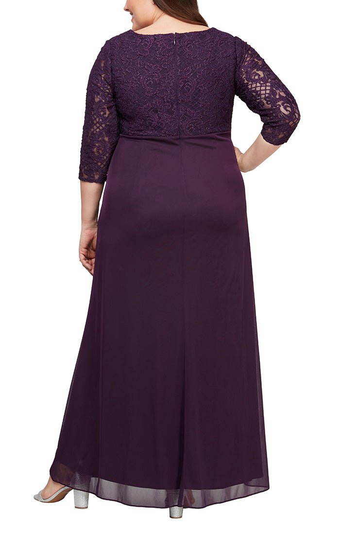 Plus - Long A-Line Empire Waist Lace & Mesh Dress with Surplice Neckline, Beaded Ruched Detail Cascade Skirt & Illusion Sleeves - alexevenings.com
