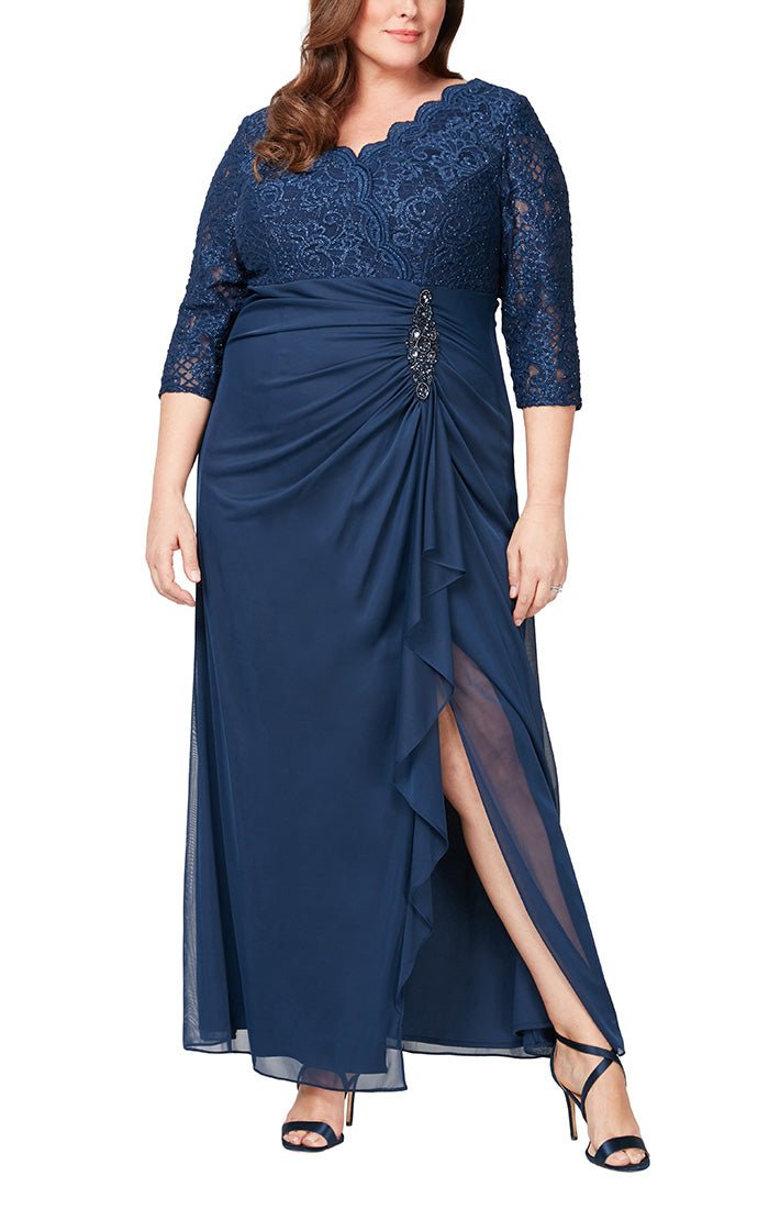 Plus - Long A-Line Empire Waist Lace & Mesh Dress with Surplice Neckline, Beaded Ruched Detail Cascade Skirt & Illusion Sleeves - alexevenings.com