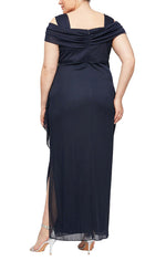 Plus Long Cold Shoulder Mesh Dress with Cowl Neckline, Overlay Cascade Skirt & Embellished Detail at Hip - alexevenings.com