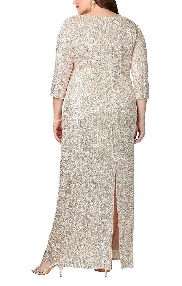 Plus - Long Column Sequin Gown with Surplice Neckline, 3/4 Sleeves and Knot Waist Detail - alexevenings.com