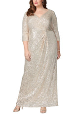 Plus - Long Column Sequin Gown with Surplice Neckline, 3/4 Sleeves and Knot Waist Detail - alexevenings.com